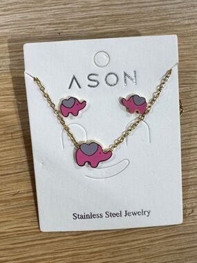 ASON Pink Elephant Necklace & Earring Set